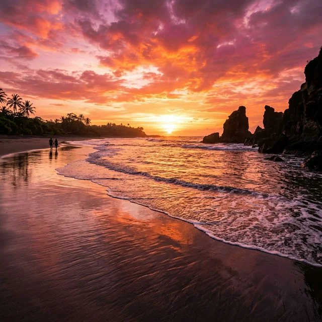 Beach sunset after editing — fiery sky enhanced reflections on sand